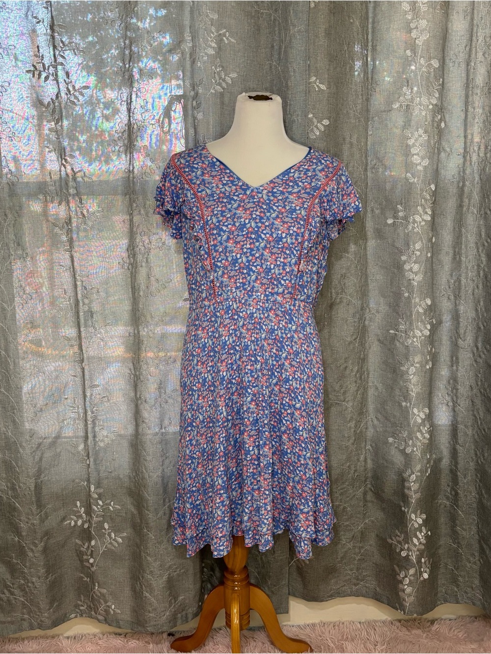 Lane Bryant Blue Floral V-Neck Mini Dress with Pink Highlights